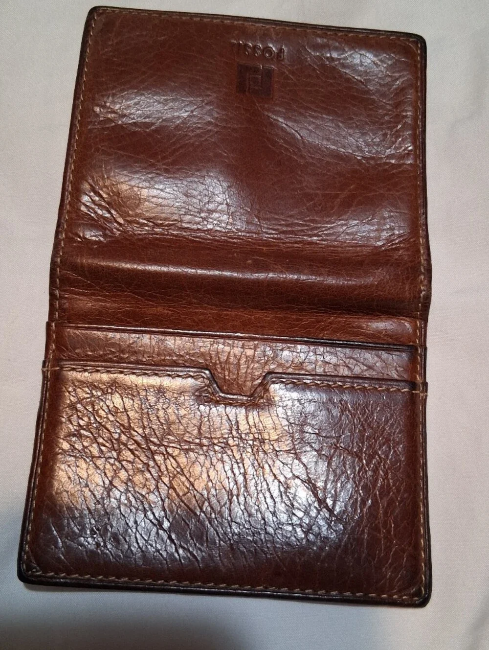 Vintage Fossil Brown Leather Slim Bifold Card Case Wallet Plaid ID Window Y2K